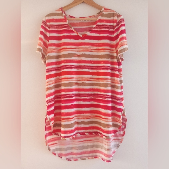 Cato Tops - Cato Women's Size Large Vibrant Striped V-Neck Tunic Top - Pink, Orange, & Tan